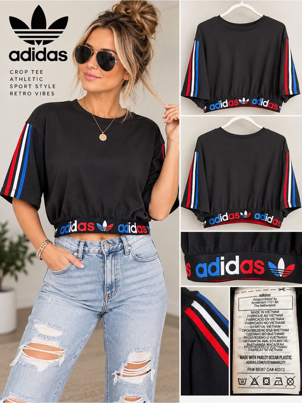 adidas Black Crop Tee with Red & Blue Sleeve Stripes